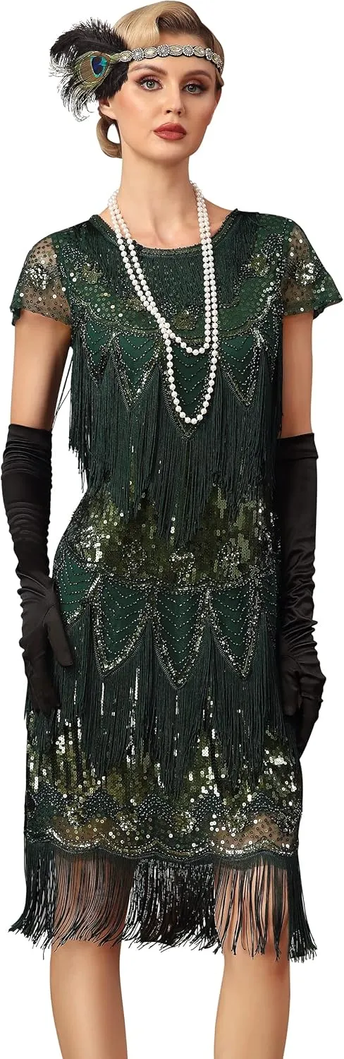 PrettyGuide Womens Flapper Dress with Sleeves Art Deco Sequin Beaded Fringe 1920s Vintage Great Gatsby Party Dress