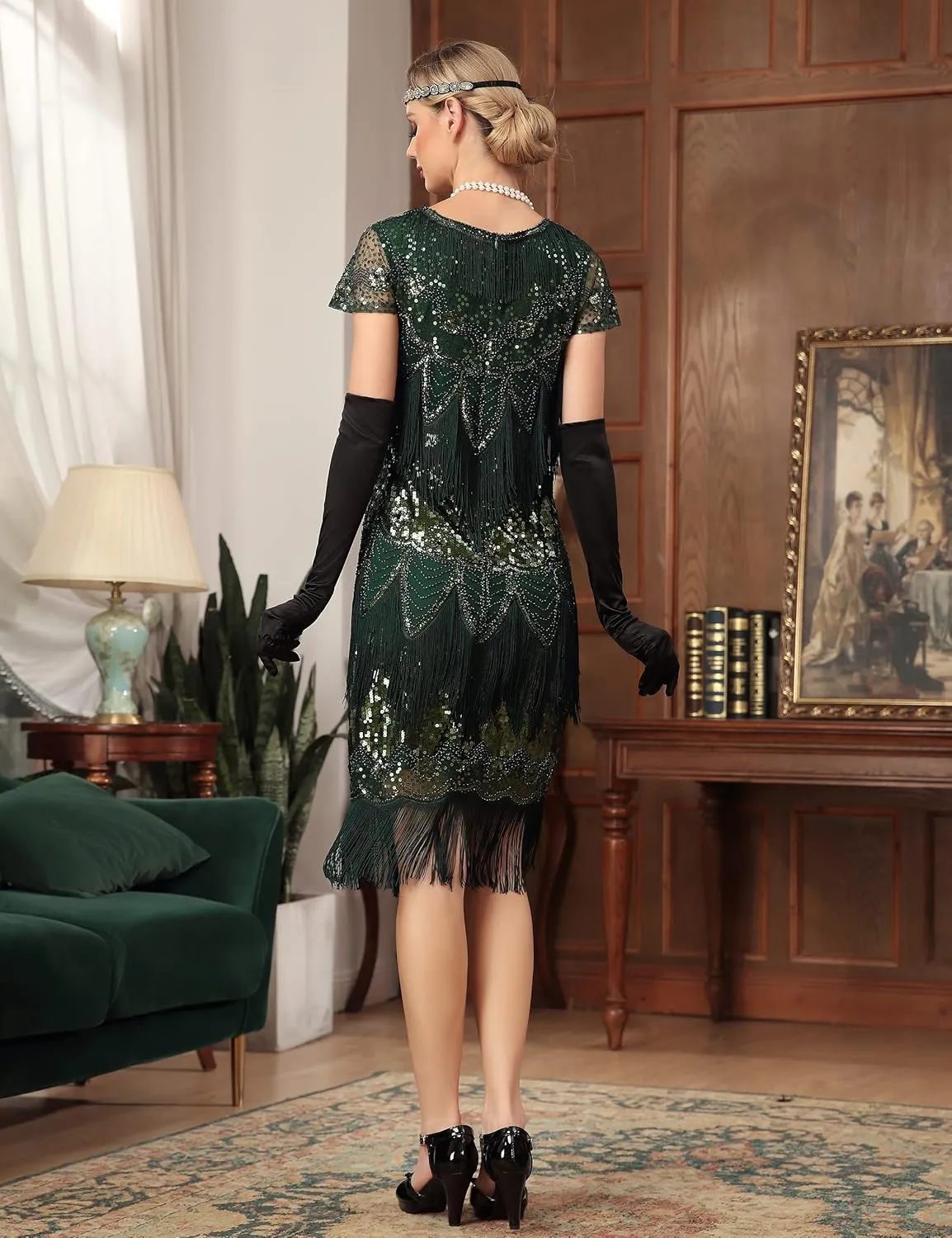 PrettyGuide Womens Flapper Dress with Sleeves Art Deco Sequin Beaded Fringe 1920s Vintage Great Gatsby Party Dress