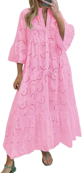 Ru Sweet Womens Elegant Lace Embroidered Eyelet Maxi Dress V-Neck Trumpet Sleeve Ruffle Boho Flowy Swing Dress
