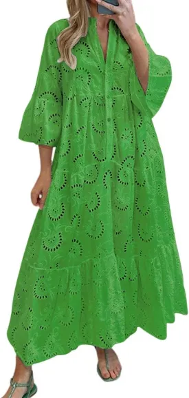 Ru Sweet Womens Elegant Lace Embroidered Eyelet Maxi Dress V-Neck Trumpet Sleeve Ruffle Boho Flowy Swing Dress