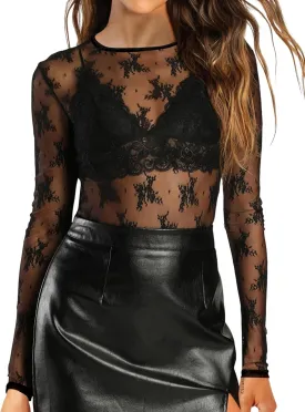Sheer Mesh Long Sleeve Layering Tops for Women Crew Neck Floral Lace Blouse Sexy See Through Going Out Shirts
