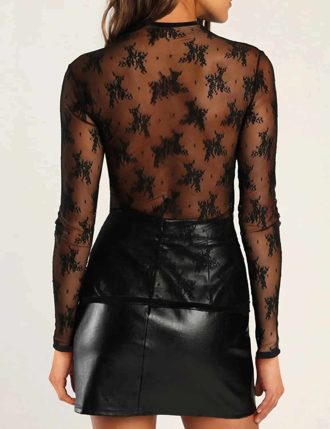 Sheer Mesh Long Sleeve Layering Tops for Women Crew Neck Floral Lace Blouse Sexy See Through Going Out Shirts