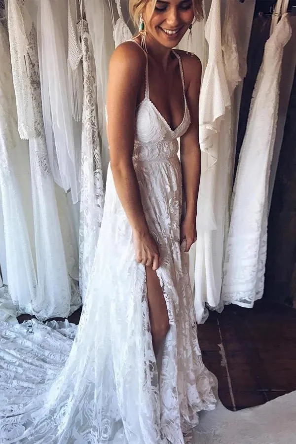 Simple Wedding Dresses Ivory Lace A Line Court Train Spaghetti Straps Backless Side Slit Cheap Bridal Dresses VK0401004