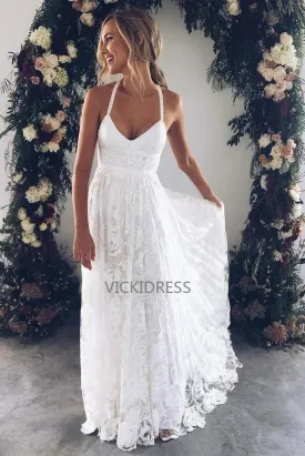 Simple Wedding Dresses Ivory Lace A Line Court Train Spaghetti Straps Backless Side Slit Cheap Bridal Dresses VK0401004