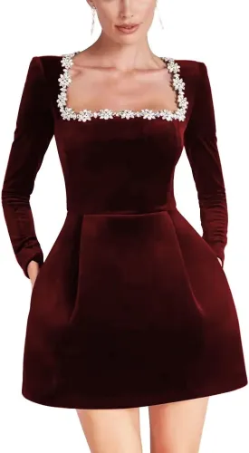 Square Neck Long Sleeve Short Wedding Dresses for Brides Velvet Beaded Mini Prom Bridal Shower Gown Party Dress