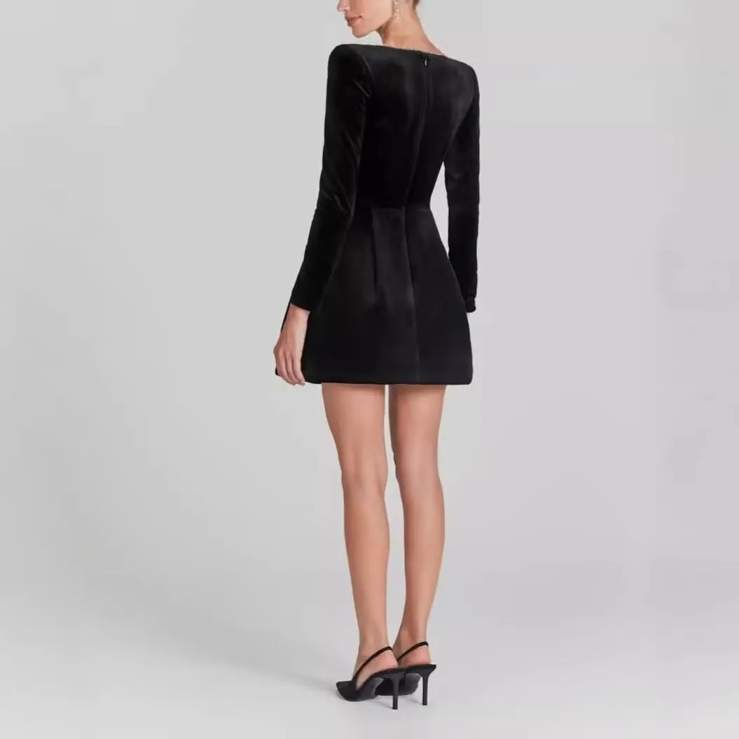 Square Neck Long Sleeve Short Wedding Dresses for Brides Velvet Beaded Mini Prom Bridal Shower Gown Party Dress