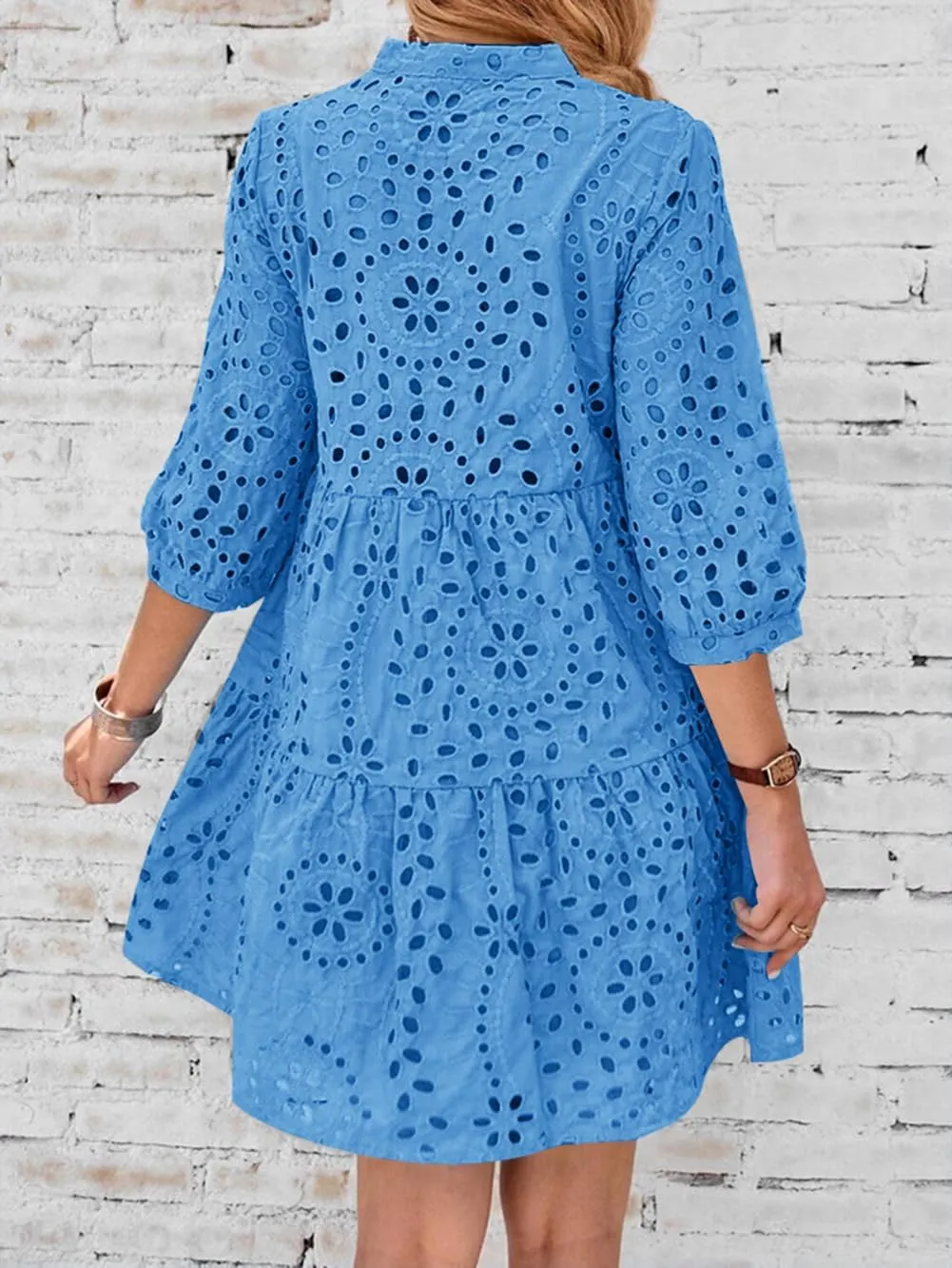 utcoco Women's 2025 Eyelet Lace Midi Dress V Neck Puff 3/4 Sleeve Button Tiered Sexy A Line Sun Dress