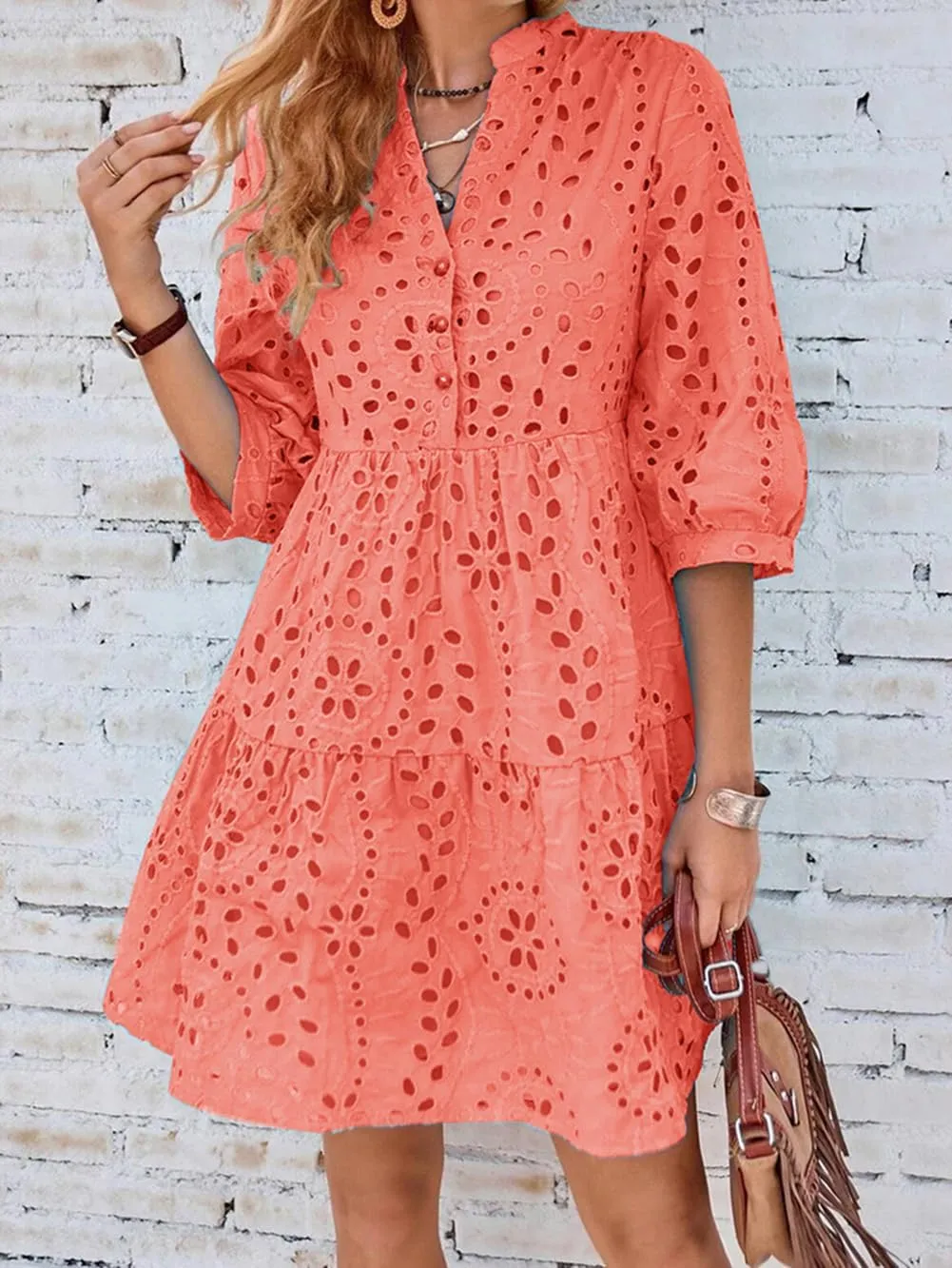 utcoco Women's 2025 Eyelet Lace Midi Dress V Neck Puff 3/4 Sleeve Button Tiered Sexy A Line Sun Dress