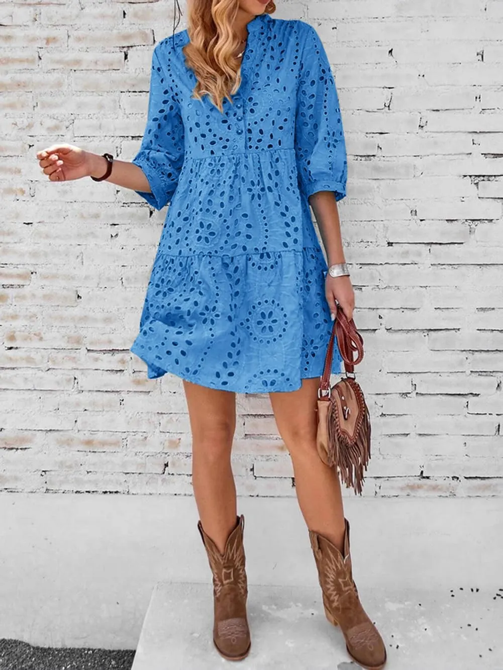 utcoco Women's 2025 Eyelet Lace Midi Dress V Neck Puff 3/4 Sleeve Button Tiered Sexy A Line Sun Dress