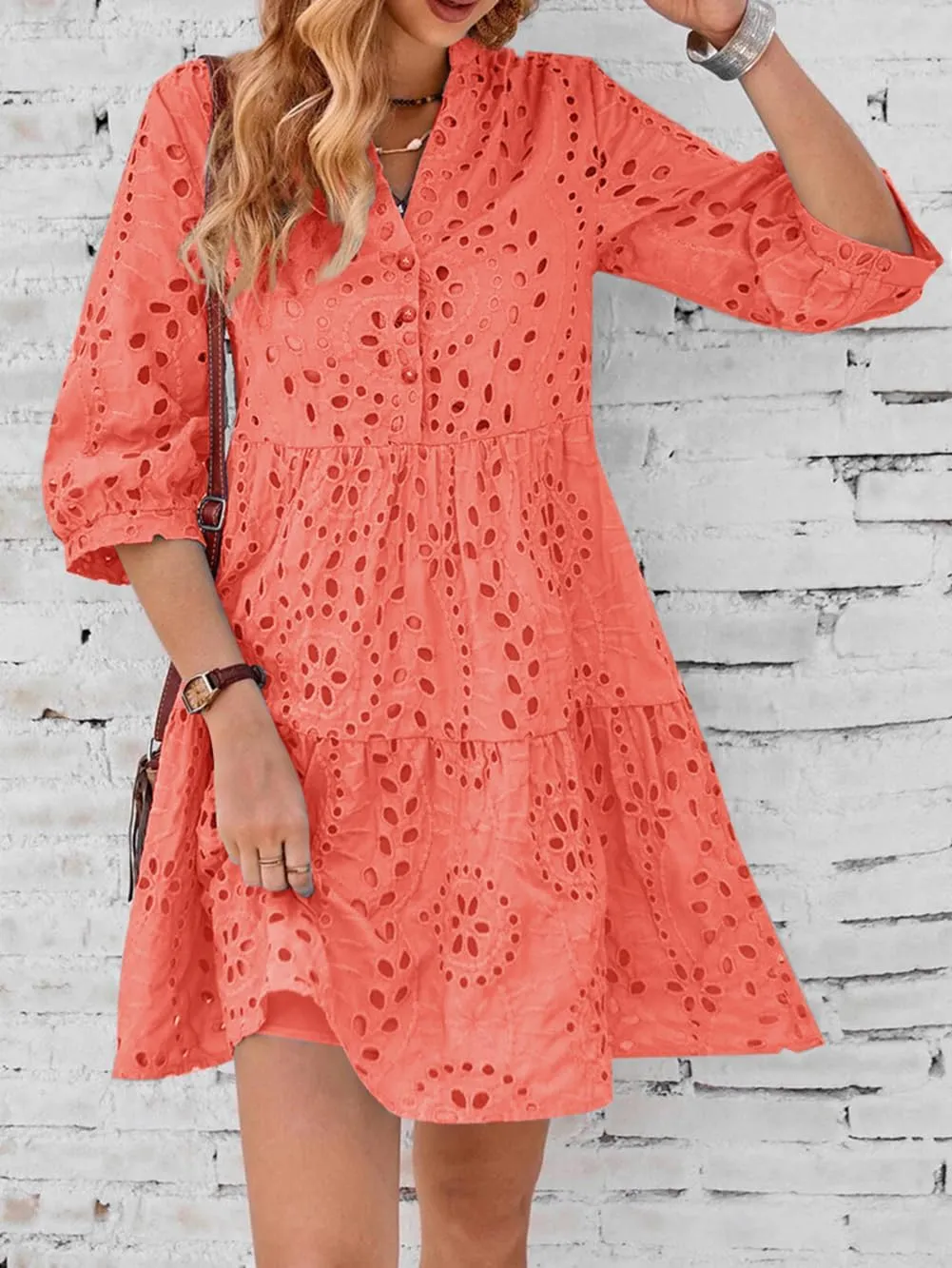 utcoco Women's 2025 Eyelet Lace Midi Dress V Neck Puff 3/4 Sleeve Button Tiered Sexy A Line Sun Dress
