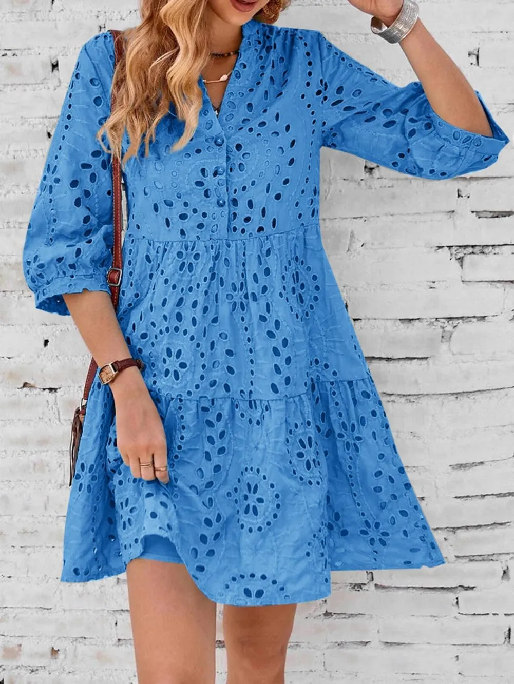 utcoco Women's 2025 Eyelet Lace Midi Dress V Neck Puff 3/4 Sleeve Button Tiered Sexy A Line Sun Dress