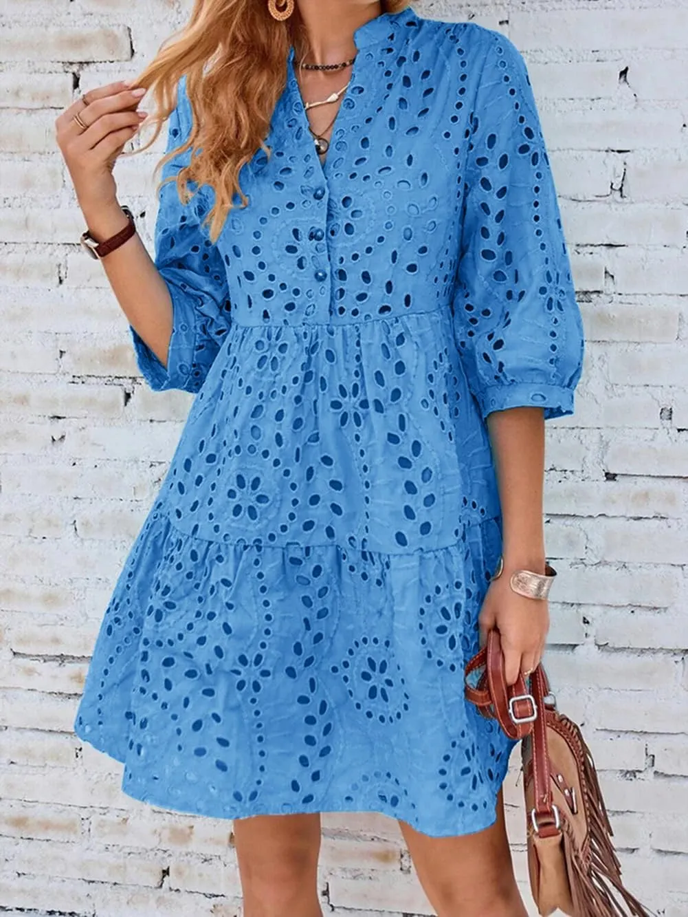 utcoco Women's 2025 Eyelet Lace Midi Dress V Neck Puff 3/4 Sleeve Button Tiered Sexy A Line Sun Dress