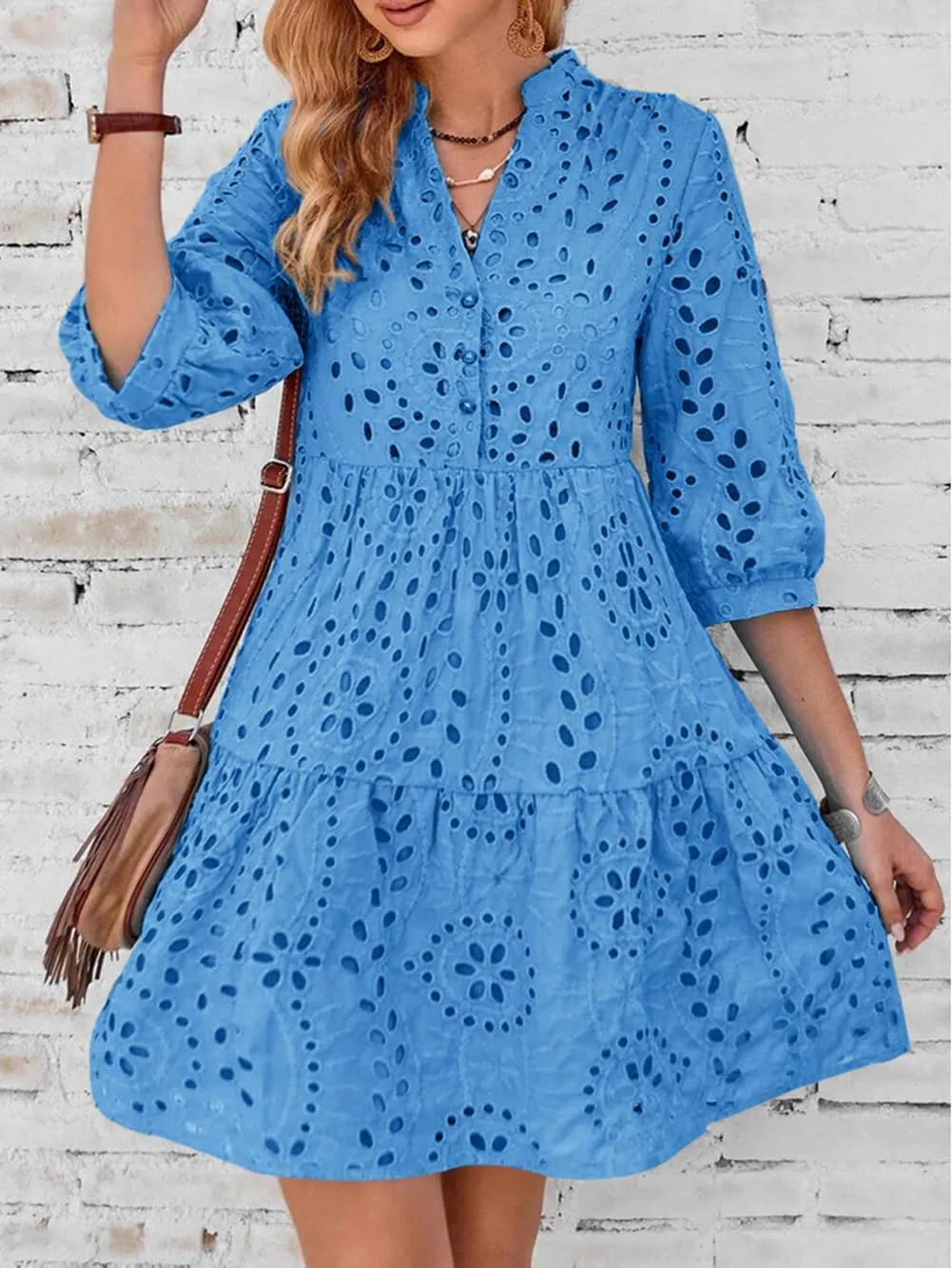 utcoco Women's 2025 Eyelet Lace Midi Dress V Neck Puff 3/4 Sleeve Button Tiered Sexy A Line Sun Dress