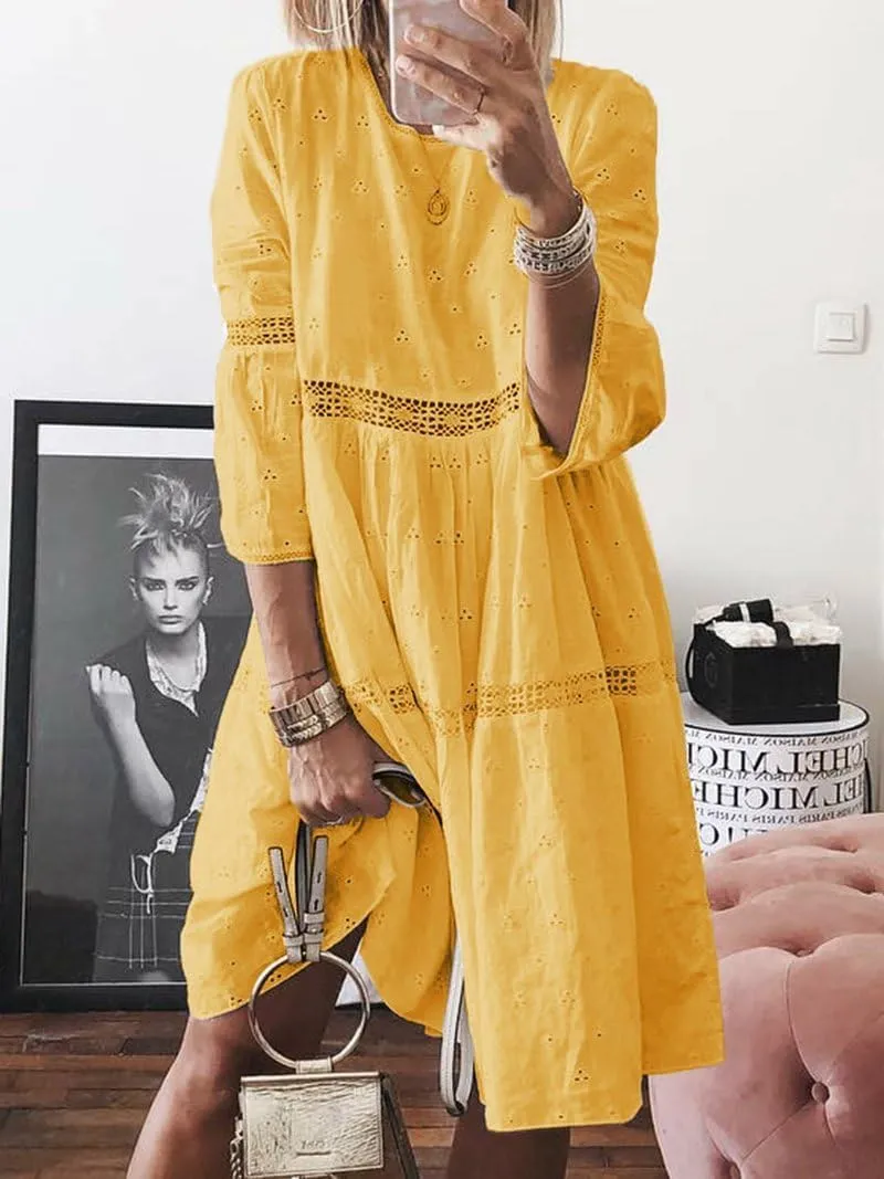 utcoco Womens Lace Eyelet Embroidery Dresses 3/4 Trumpet Sleeve Crochet Spliced A Line Flowy Boho Midi Dress