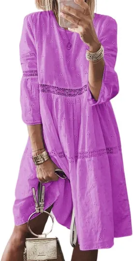 utcoco Womens Lace Eyelet Embroidery Dresses 3/4 Trumpet Sleeve Crochet Spliced A Line Flowy Boho Midi Dress