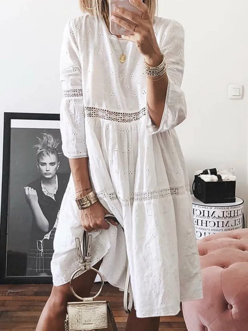 utcoco Womens Lace Eyelet Embroidery Dresses 3/4 Trumpet Sleeve Crochet Spliced A Line Flowy Boho Midi Dress