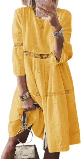 utcoco Womens Lace Eyelet Embroidery Dresses 3/4 Trumpet Sleeve Crochet Spliced A Line Flowy Boho Midi Dress