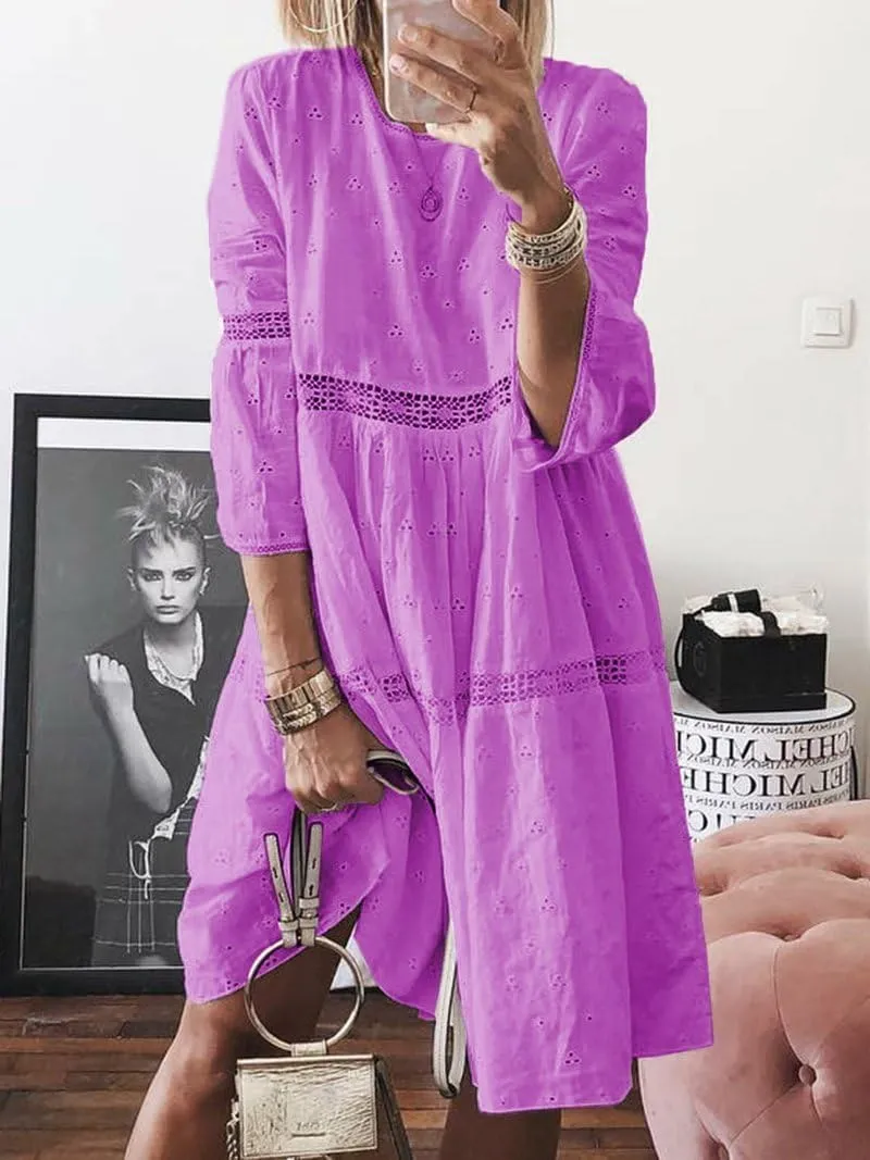 utcoco Womens Lace Eyelet Embroidery Dresses 3/4 Trumpet Sleeve Crochet Spliced A Line Flowy Boho Midi Dress