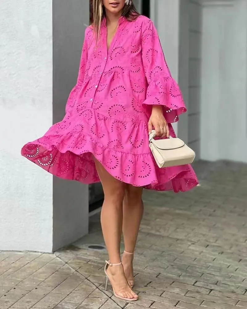 utcoco Womens Lined Embroidered Lace Eyelet 3/4 Trumpet Sleeve V Neck Half Button Swing A Line Mini Dresses