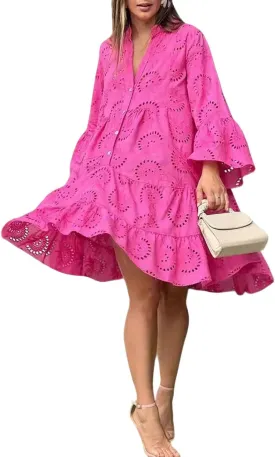 utcoco Womens Lined Embroidered Lace Eyelet 3/4 Trumpet Sleeve V Neck Half Button Swing A Line Mini Dresses