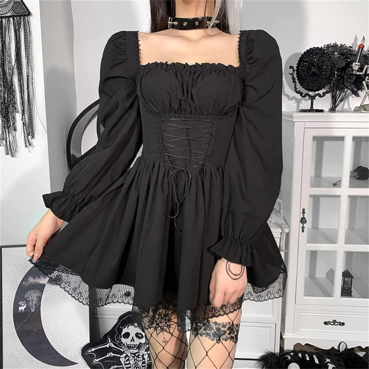 Women Gothic Dress Backless Y2k E-Girl Mall Goth Dresses Long Sleeve