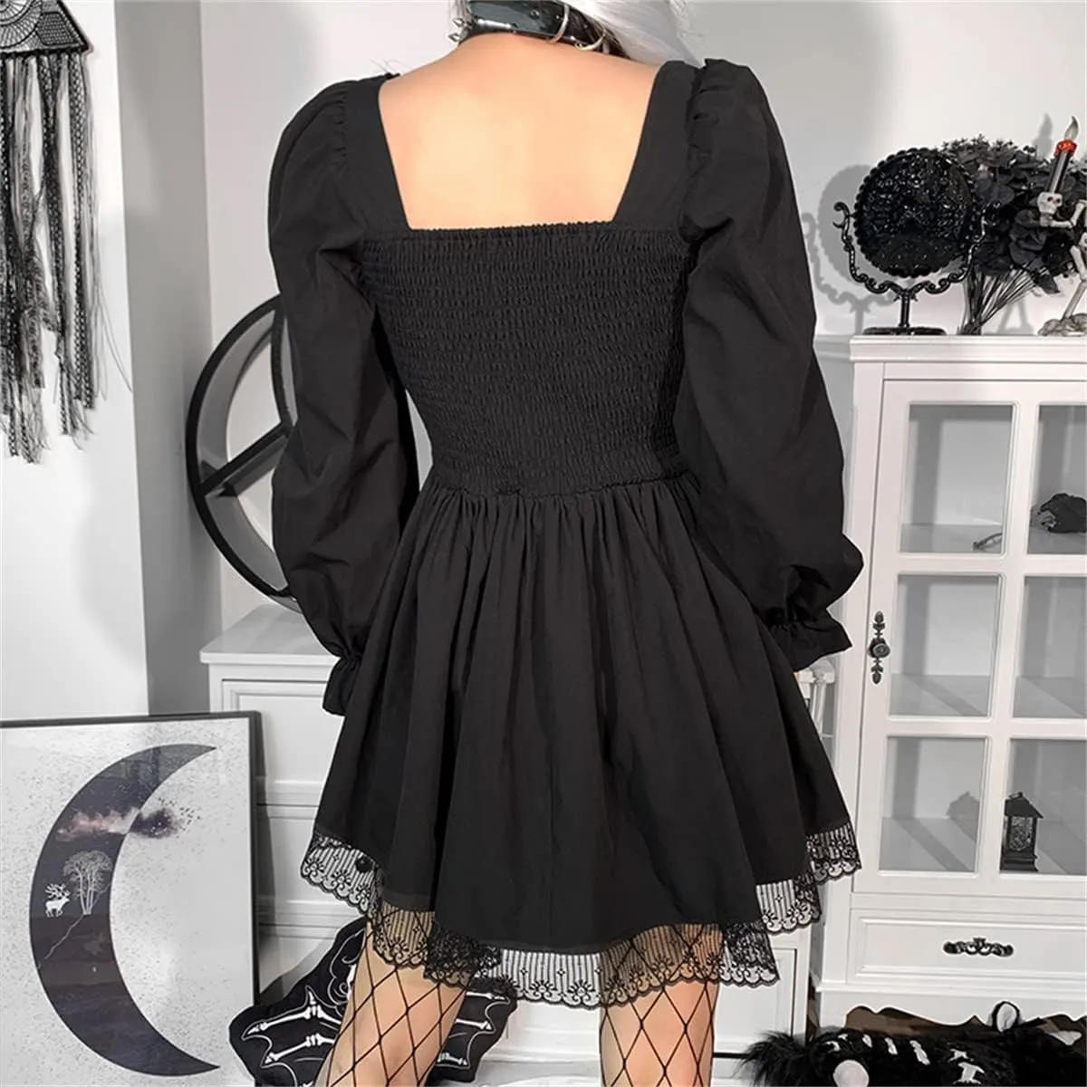 Women Gothic Dress Backless Y2k E-Girl Mall Goth Dresses Long Sleeve