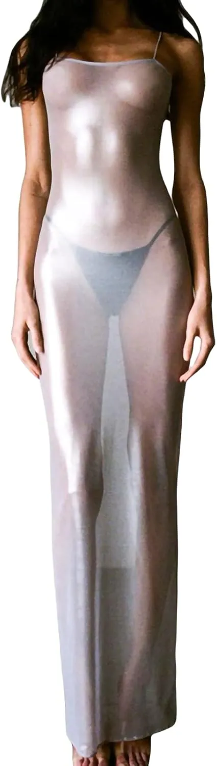 Women See Through Sheer Lace Maxi Dress Sexy Backless Patchwork Long Slip Dresses Y2K Bodycon Vocation Beachwear