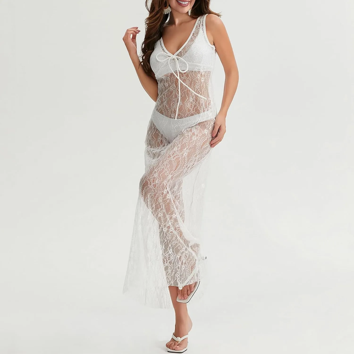 Women See Through Sheer Lace Maxi Dress Sexy Backless Patchwork Long Slip Dresses Y2K Bodycon Vocation Beachwear