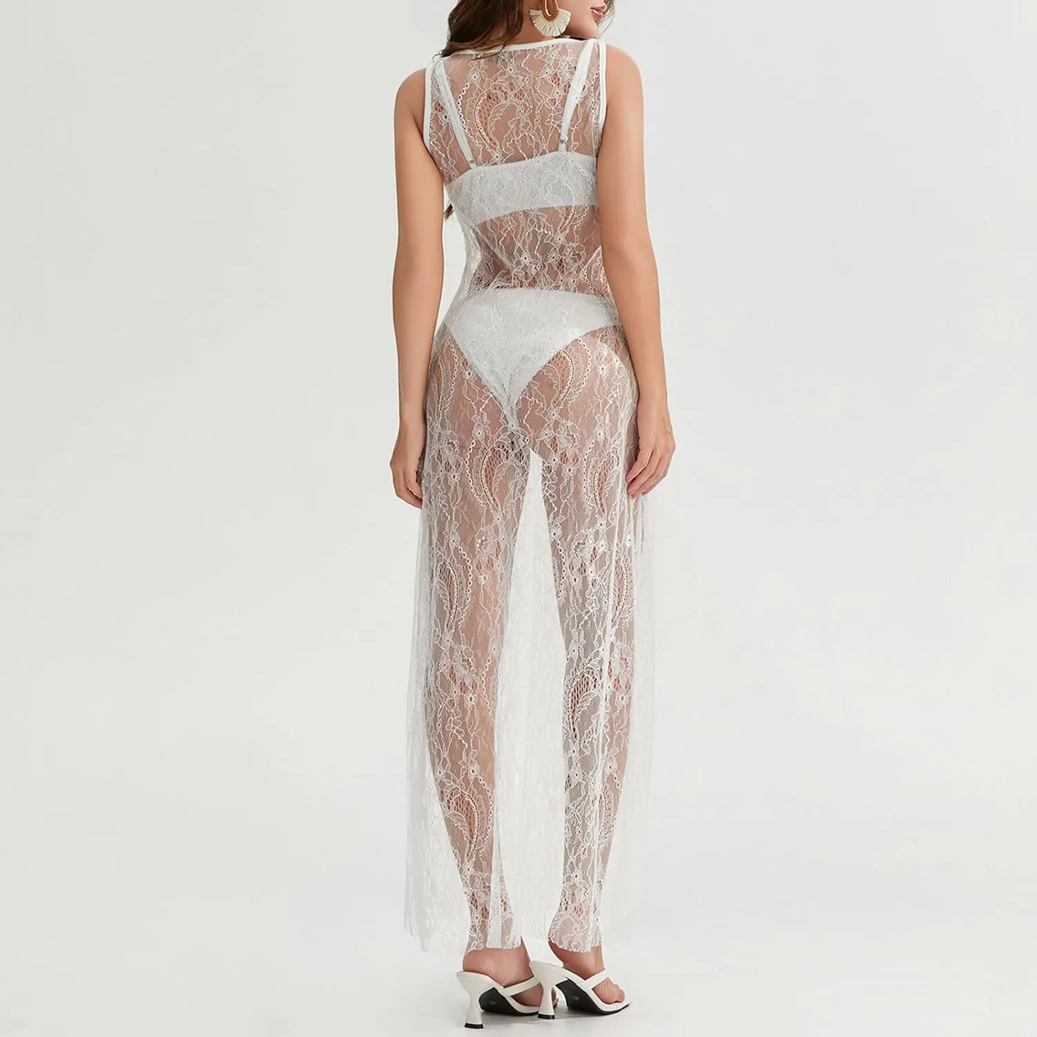 Women See Through Sheer Lace Maxi Dress Sexy Backless Patchwork Long Slip Dresses Y2K Bodycon Vocation Beachwear