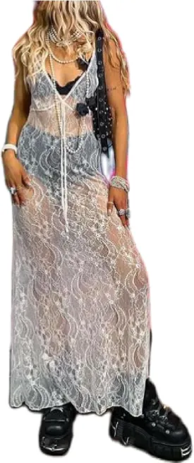 Women See Through Sheer Lace Maxi Dress Sexy Backless Patchwork Long Slip Dresses Y2K Bodycon Vocation Beachwear