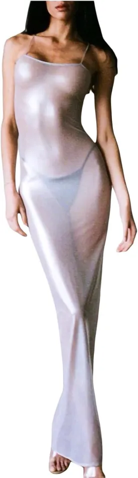 Women See Through Sheer Lace Maxi Dress Sexy Backless Patchwork Long Slip Dresses Y2K Bodycon Vocation Beachwear