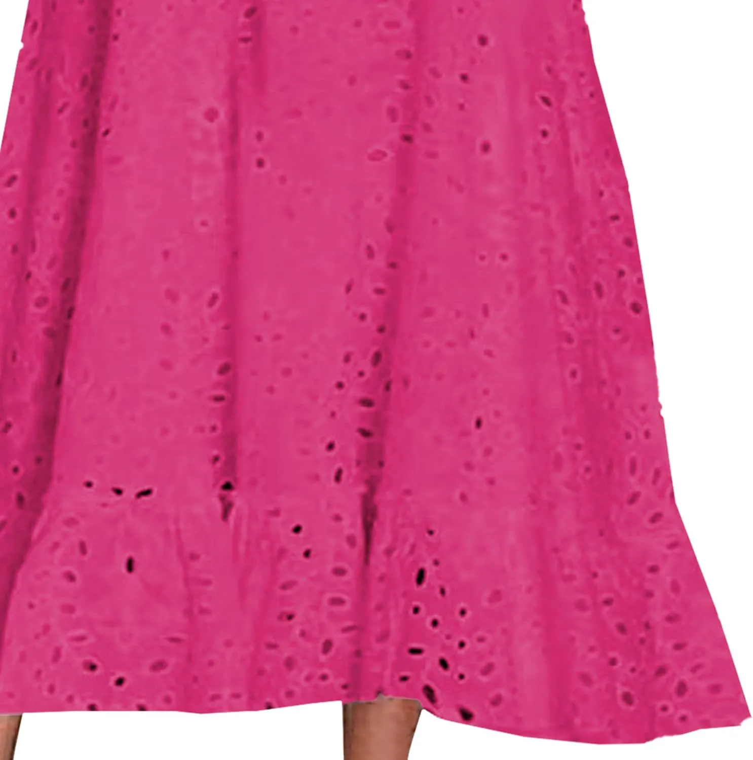 Women Summer Ruffle Hem Floral Lace Eyelet Dress Casual Notch Neck Midi Tunic Dress with Pocket 2025 Trendy