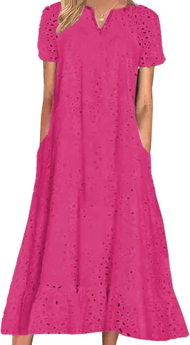 Women Summer Ruffle Hem Floral Lace Eyelet Dress Casual Notch Neck Midi Tunic Dress with Pocket 2025 Trendy