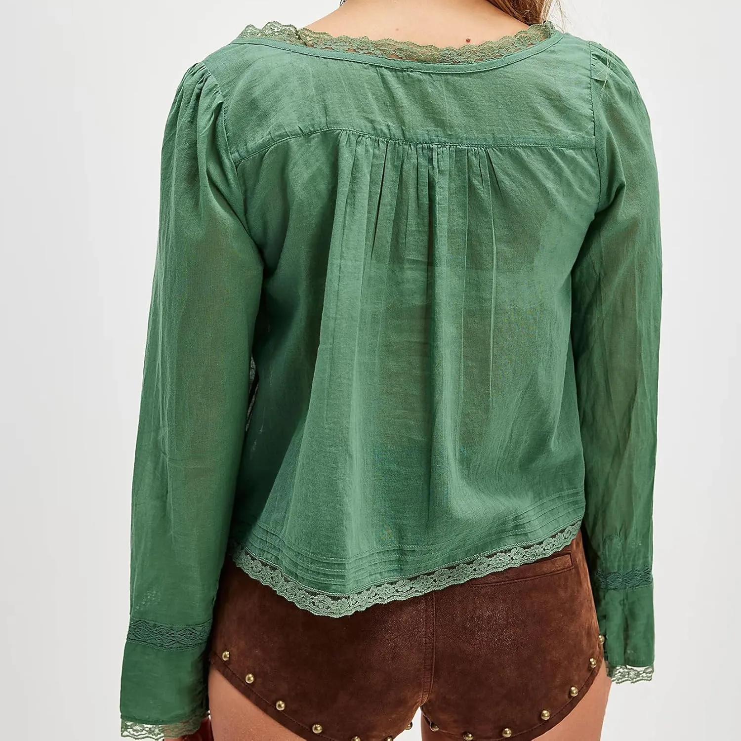 Women Tie Front Long Sleeve Top Lace Trim Button Shirt Square Neck Loose Blouse Going Out Y2k Coquette Clothes