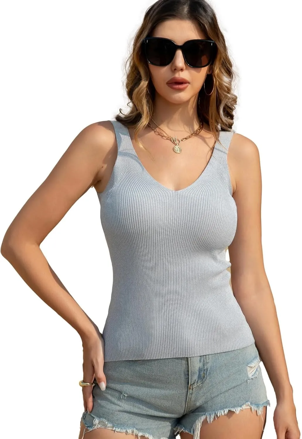 Women's 3D Ribbed V-Neck Sweater Vest - 70% Viscose Blend Stretch Slimming Sleeveless Knit Vest (Light-Gray/XL)