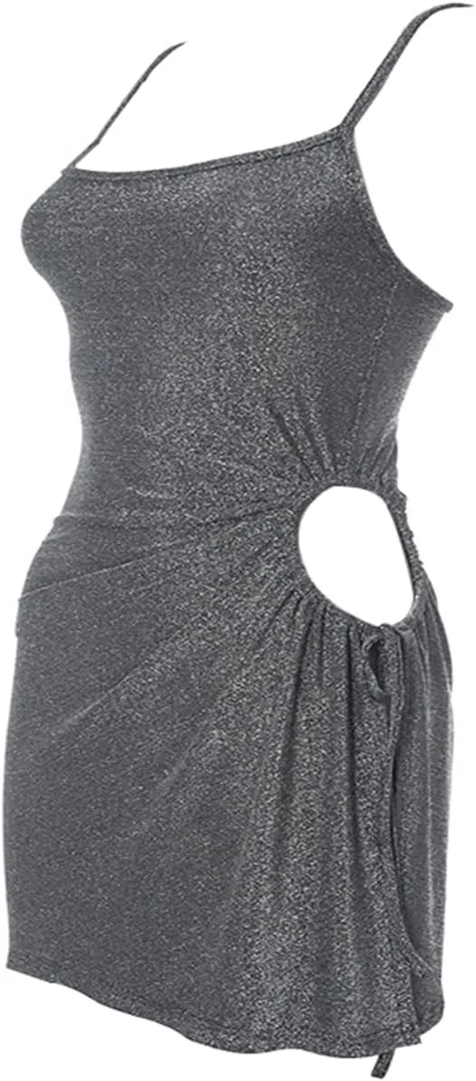 Women's Backless Sparkle Sequin Hollow Out Cami Slip Bodycon Mini Dress Spaghetti Straps Lingerie Glitter Ruched Clubwear