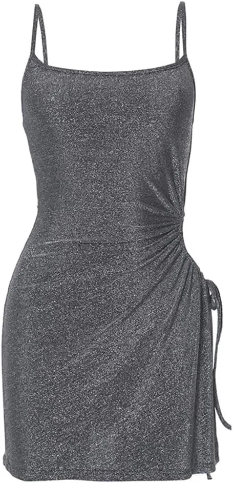 Women's Backless Sparkle Sequin Hollow Out Cami Slip Bodycon Mini Dress Spaghetti Straps Lingerie Glitter Ruched Clubwear
