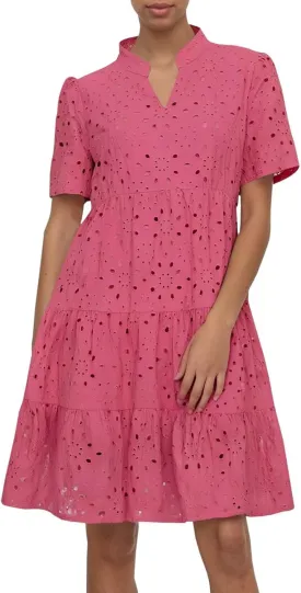 Womens Boho Summer Dresses 2025 Resort V Neck Short Sleeve Hollow Out Lace Ruffle Casual Beach Mini Vacation