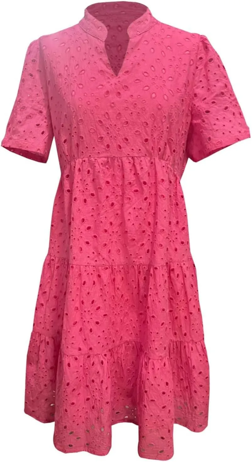 Womens Boho Summer Dresses 2025 Resort V Neck Short Sleeve Hollow Out Lace Ruffle Casual Beach Mini Vacation