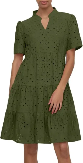 Womens Boho Summer Dresses 2025 Resort V Neck Short Sleeve Hollow Out Lace Ruffle Casual Beach Mini Vacation
