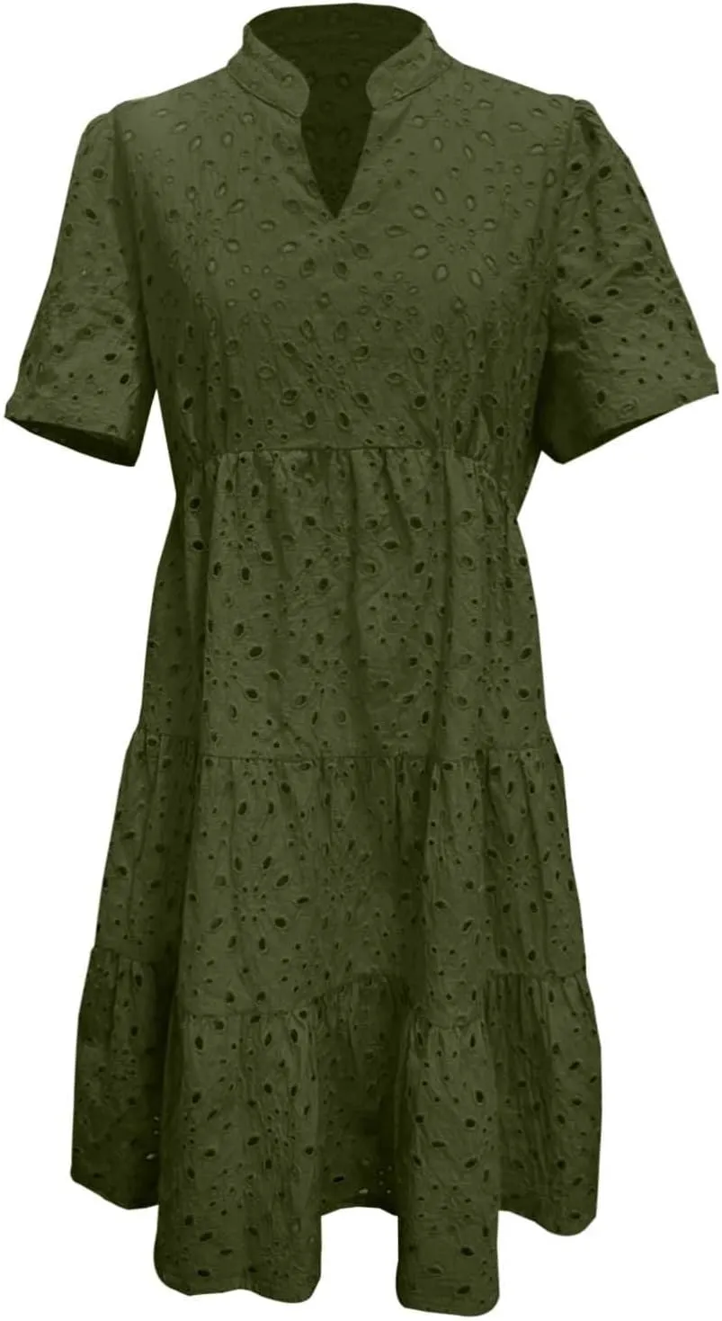 Womens Boho Summer Dresses 2025 Resort V Neck Short Sleeve Hollow Out Lace Ruffle Casual Beach Mini Vacation