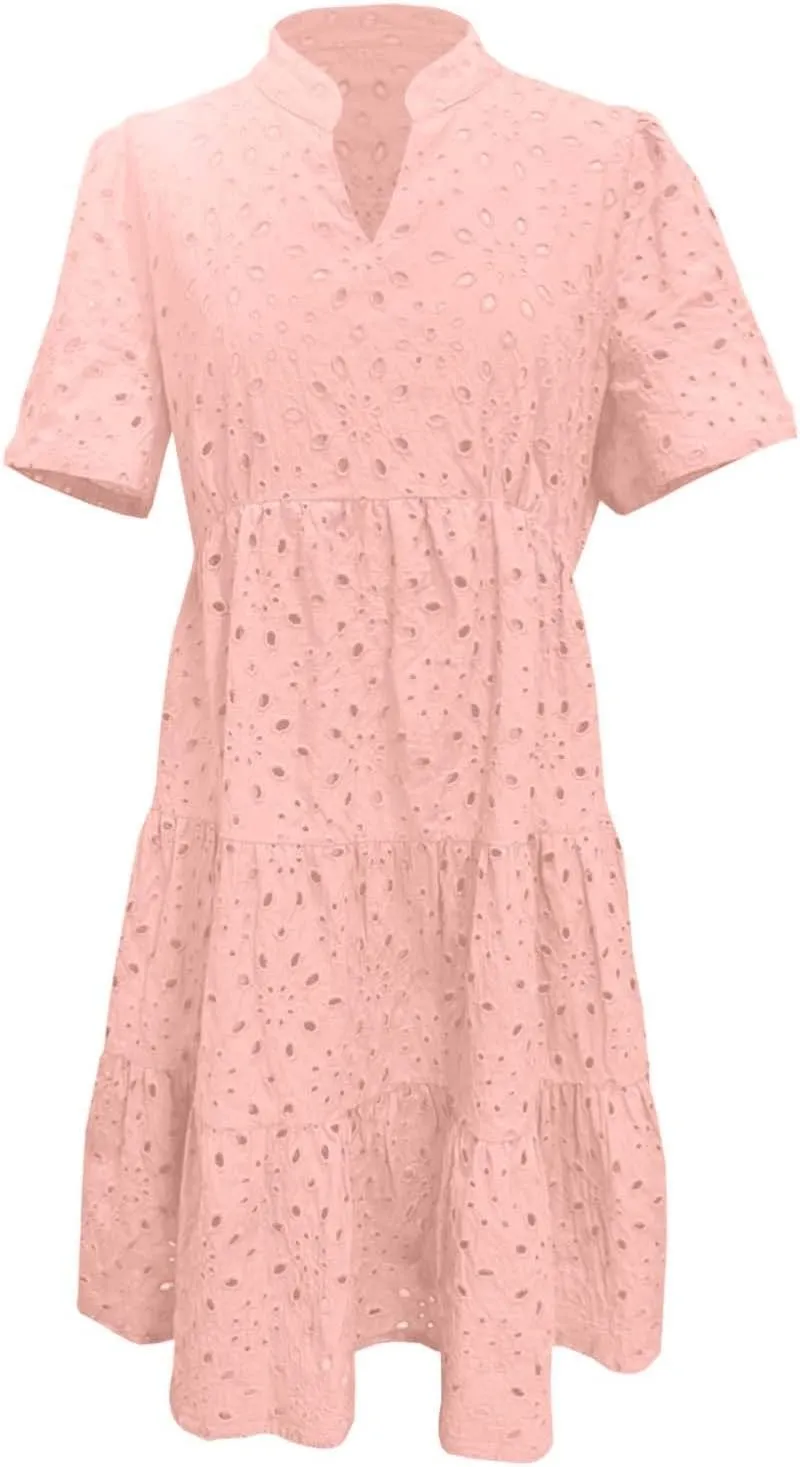 Womens Boho Summer Dresses 2025 Resort V Neck Short Sleeve Hollow Out Lace Ruffle Casual Beach Mini Vacation