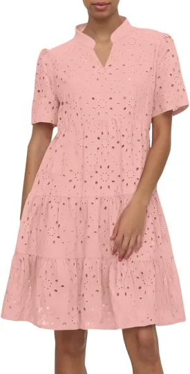 Womens Boho Summer Dresses 2025 Resort V Neck Short Sleeve Hollow Out Lace Ruffle Casual Beach Mini Vacation