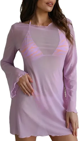 Women's Floral Mesh Mini Dress Bell Long Sleeve Boat Neck Bodycon Dresses Swimsuit Cover up Lace Bikini Bathing Suit