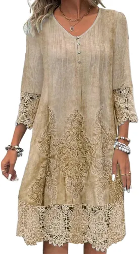 Womens Lace Dress 2025 Elegant Boho Floral Embroidery Midi Dresses Flowy Beach Vacation Wedding Guest Dressy