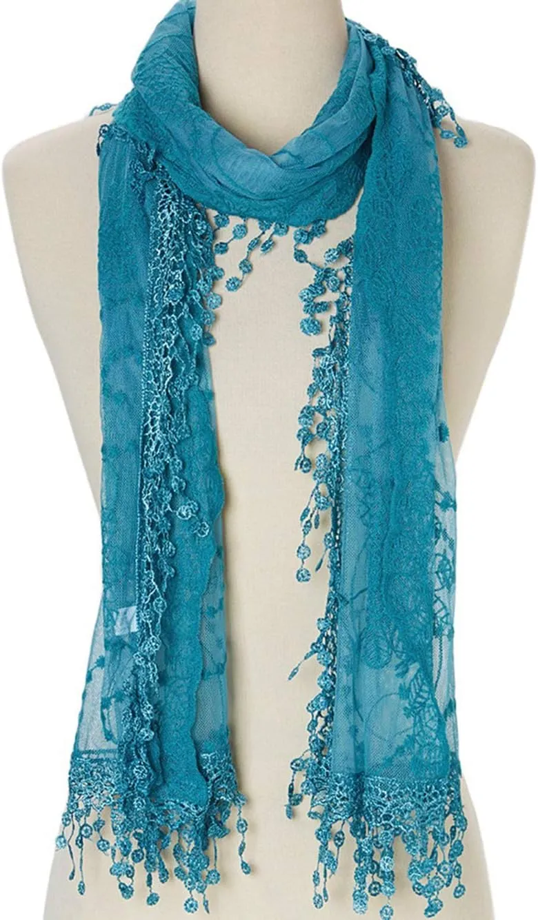 Women's lightweight Feminine Lace teardrop fringe Vintage Mesh Crochet Tassel Scarf for Women