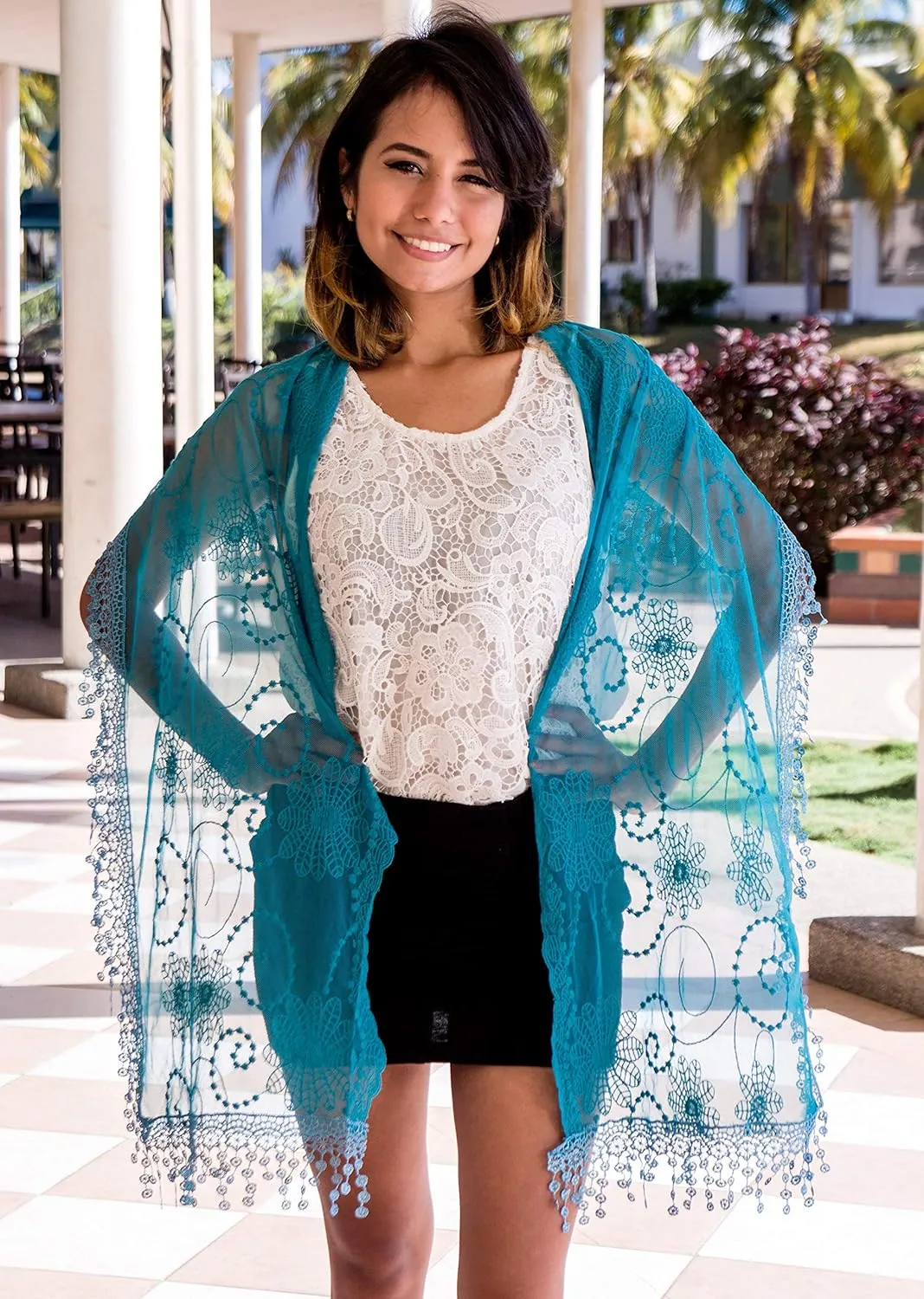 Women's lightweight Feminine Lace teardrop fringe Vintage Mesh Crochet Tassel Scarf for Women
