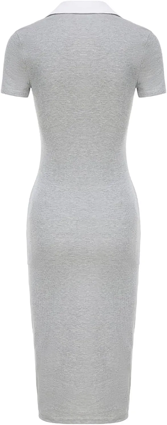 Women's Midi Dress Summer Casual Bodycon Dresses Solid Color Lapel Collar Cotton Linen Knit Slim-fit Wrap Dresses