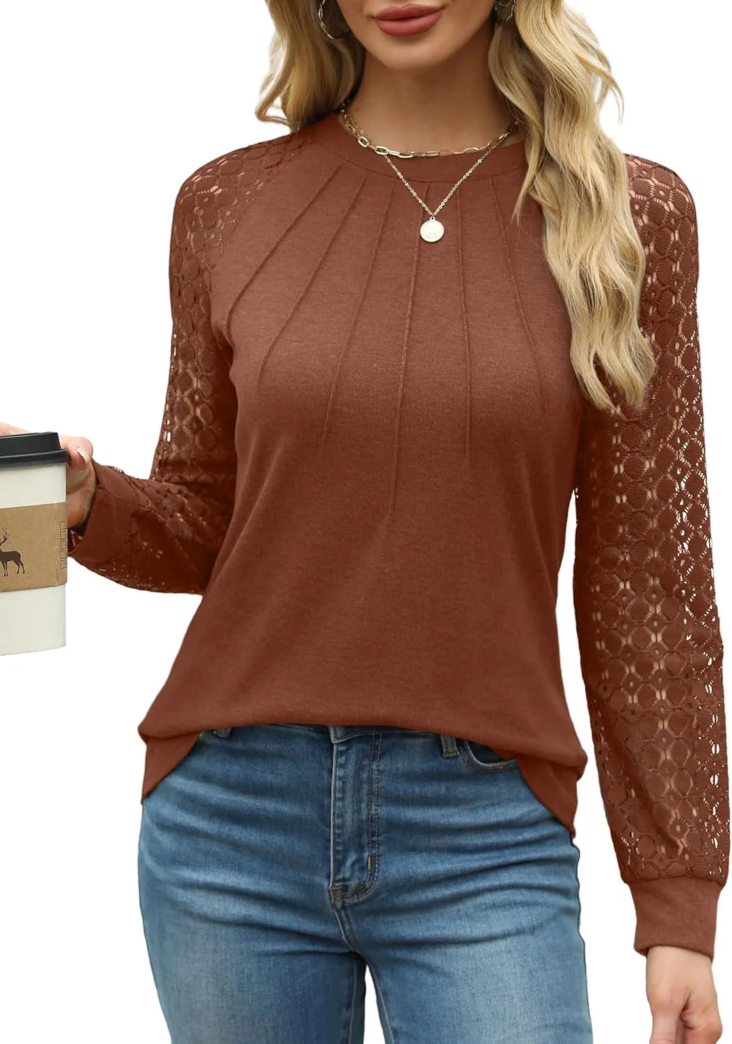 Womens Tops Dressy Business Casual Blouses Cute Soft Lace Long Sleeve Work Shirts Fall Clothes