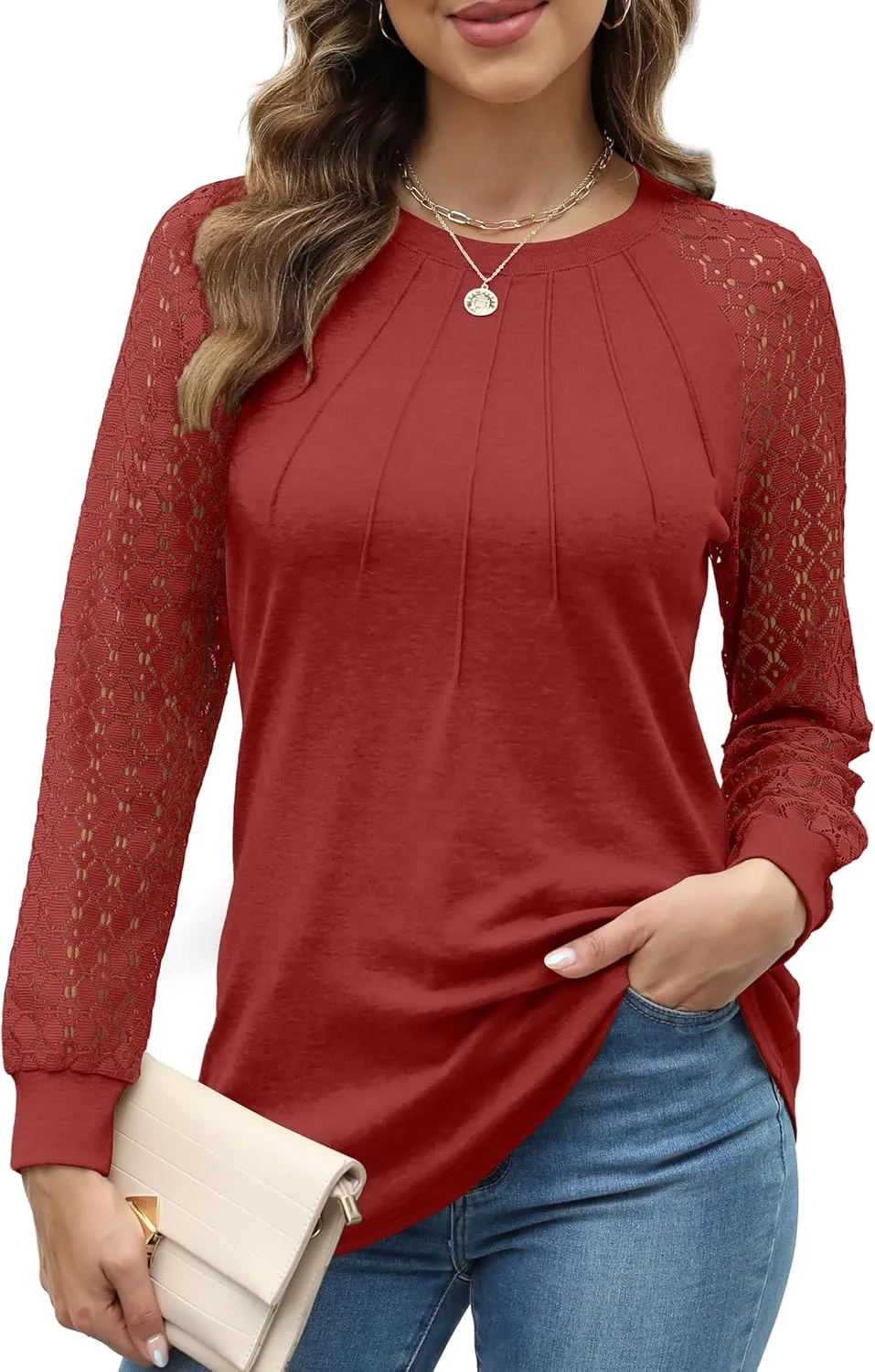 Womens Tops Dressy Business Casual Blouses Cute Soft Lace Long Sleeve Work Shirts Fall Clothes